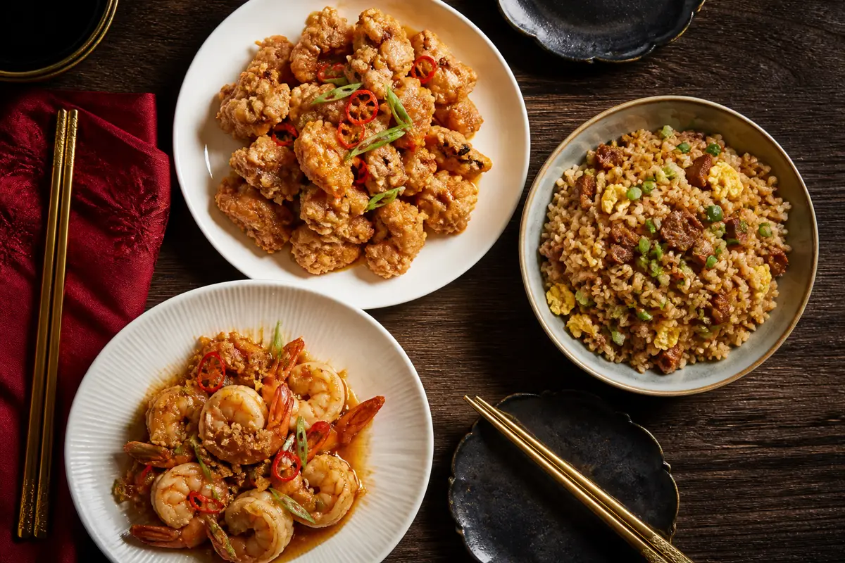 Chicharrón de pollo, pork fried rice, and garlic shrimp